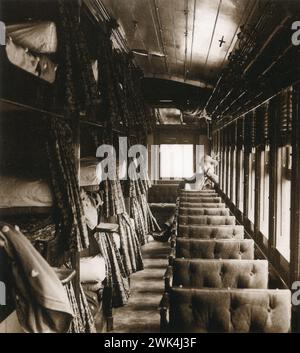 Interior of a sleeping car of the Canadian Great Western Railway.  1859 Vintage B&W Photograph by William England Stock Photo