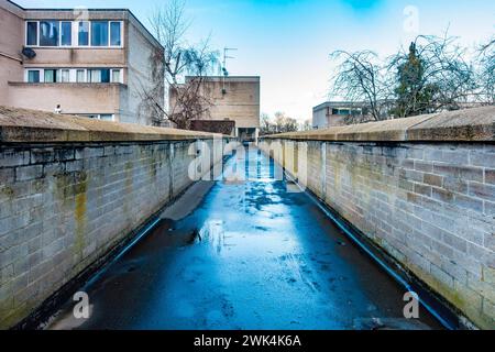 Blue sky reflects in a wet concrete path leading through the Ward Royal estate in Windsor, Berkshire, UK Stock Photo