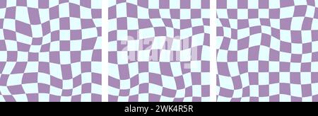 Set of Square Funky Groovy Checkered Patterns, Vintage Aesthetic Backgrounds, Psychedelic Checkerboard Textures. Blue and Violet colors. Stock Vector
