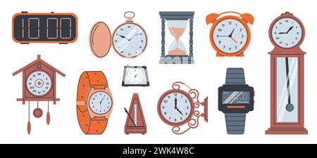 Clock dial. Interior watch. Hourglass and wristwatch. Wooden metronome timer. Time measurement. Chronometer at wall. Stopwatch face. Punctuality and accuracy. Hours countdown. Vector timepieces set Stock Vector