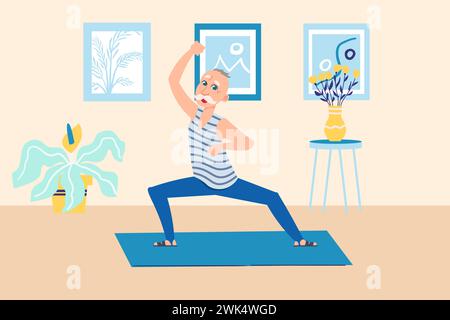 Happy older dancing man. Senior person doing fitness exercises. Yoga stretching pose. Home workout. Grandfather training on mat. Sport workout. Healthy lifestyle. Elderly gymnastics. Vector concept Stock Vector