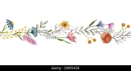 Abstract flowers seamless horizontal border blue green and pink colors ...