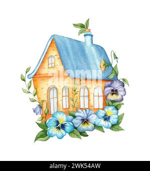 Watercolor cute hand drawn house, decorated with leaves and flowers on white background Stock Photo