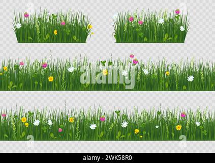 Spring flowers. 3d grass garden or meadow field with plants and green lawn grassland, clover wildflowers. Realistic botanical elements, herbal border, design background. Vector seamless landscape Stock Vector