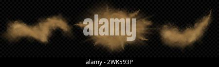 Dust powder. Sand dirt smoke or splash effect, mud texture overlay clouds wind and sandstorms. Brown flying particles sandy desert, city smog realistic texture. Vector isolated on black background set Stock Vector