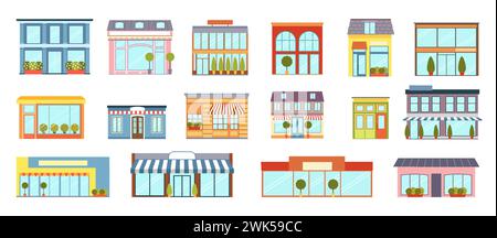 Store buildings. Shop front. Business storefront for small retail or restaurant. Street windows of grocery market. Trees and awnings. Town commercial architecture. Vector isolated houses design set Stock Vector