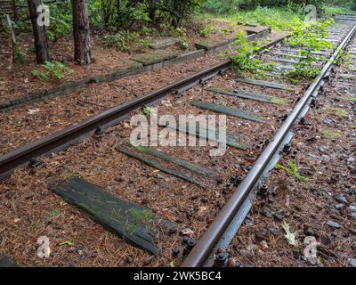 Original railway track detail at the Platform 17 Memorial, a Holocaust memorial site in Berlin-Grunewald Station, Berlin, Germany. Stock Photo