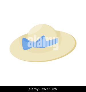 Womens summer hat white with blue bow, top view. Vector  on white background Stock Vector