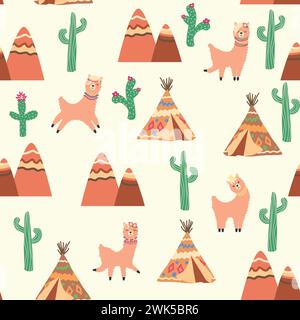 Cute pattern with llamas, cacti, Alps mountains, dream catcher, rainbows and hearts. Children's room design, printed fabric, wallpaper, packaging Stock Vector
