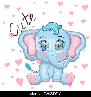 Cute cartoon elephant, childish character with beautiful eyes. Stock Vector