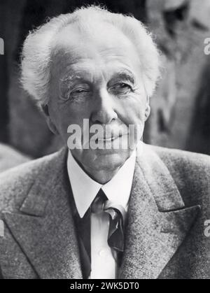 Frank Lloyd Wright (1867-1959), American architect pioneer of the Prairie School movement, in a portrait from the early 1950s. Wright would later be recognized (in 1991) by the American Institute of Architects as 'the greatest American architect of all time.' Stock Photo