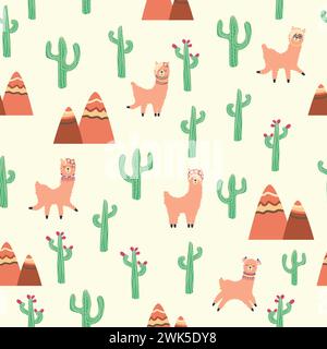 Cute pattern with llamas, cacti, Alps mountains, dream catcher, rainbows and hearts. Children's room design, printed fabric, wallpaper, packaging Stock Vector