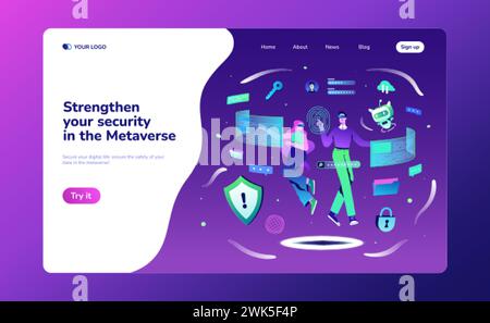 Cybersecurity in metaverse landing page. Flat people in VR goggles and ai robot solve problem of data protection. Characters fly with robotic assistant in futuristic space and protect from cyberattack Stock Vector