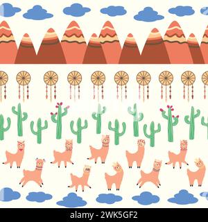 Cute pattern with llamas, cacti, Alps mountains, dream catcher, rainbows and hearts. Children's room design, printed fabric, wallpaper, packaging Stock Vector