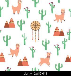 Cute pattern with llamas, cacti, Alps mountains, dream catcher, rainbows and hearts. Children's room design, printed fabric, wallpaper, packaging Stock Vector
