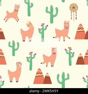 Cute pattern with llamas, cacti, Alps mountains, dream catcher, rainbows and hearts. Children's room design, printed fabric, wallpaper, packaging Stock Vector