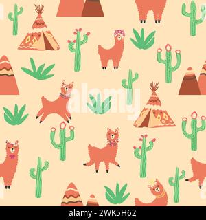 Cute pattern with llamas, cacti, Alps mountains, dream catcher, rainbows and hearts. Children's room design, printed fabric, wallpaper, packaging Stock Vector
