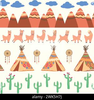 Cute pattern with llamas, cacti, Alps mountains, dream catcher, rainbows and hearts. Children's room design, printed fabric, wallpaper, packaging Stock Vector