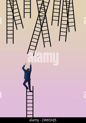 Looking for a way to move up the corporate ladder is this businessman. But the ladders above are out of reach in this 3-d illustration. Stock Photo