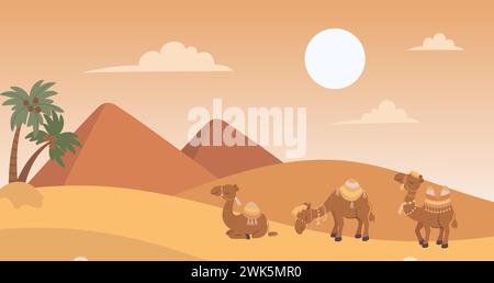 Camel in desert. Camels caravan in sands landscape. Arabian animals on dunes on sunset. Funny animal with decorative carpets, nowaday vector Stock Vector