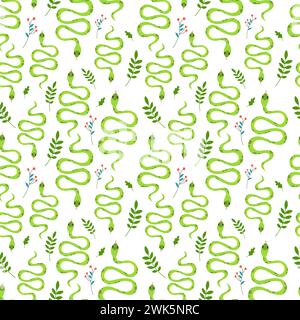 Seamless pattern of cute green snakes surrounded by spring flowers and branches leaves. Kawaii characters in cartoon style. Pattern wrapper on white b Stock Vector