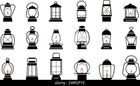 Black old lantern silhouettes. Camp lanterns, decorative holidays traditional retro lights elements. Lighting icons decent vector collection Stock Vector