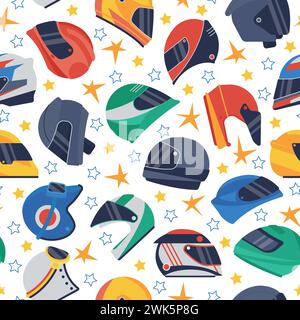 Helmets seamless pattern. Retro helmet, motorcycle or bicycle headgear. Head protection elements. Moto fabric print, decent vector background Stock Vector
