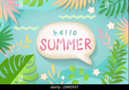 Hello summer, 3d speech bubble among green leaves. Stock Vector