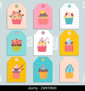 Cupcakes cards print decorative cards with cakes vector pictures collection Stock Vector