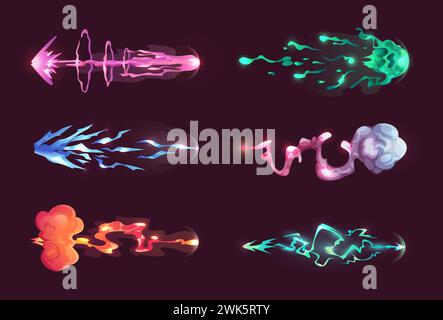 Shot effect. Cartoon vfx glowing effects from shooting laser guns sci fi splashes from fantastic weapons exact vector templates Stock Vector