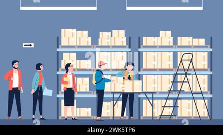 People on warehouse or stock office. Delivery service of purchases, post or store. Queue for parcels, people in waiting line and worker in uniform Stock Vector