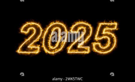 Burning numbers 2025 sparklers on a black background. 3d render illustration. Stock Photo