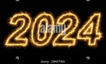 Burning numbers 2024 sparklers on a black background. 3d render illustration. Stock Photo