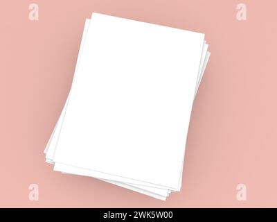 White sheets of A4 office paper on a orange background. 3d render illustration. Stock Photo