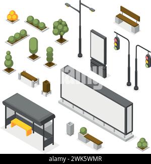 Isometric city elements. Isolated traffic light, street lights, public transport stop and billboards. Part design bushes and tree, flawless vector set Stock Vector