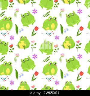 Seamless pattern of cute green frogs surrounded by spring flowers. Kawaii characters in cartoon style. Pattern wrapper on white background Stock Vector