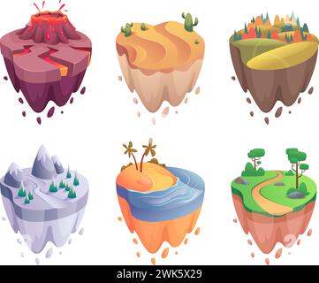 Isometric island. Cartoon game fantastic landscapes flying islands with rocks and grass exact vector different nature Stock Vector