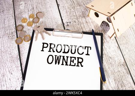 PRODUCT OWNER . Text written on the notepad with office tools and documents Stock Photo