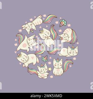 Kawaii cat round shape background with funny cat unicorn vector template Stock Vector