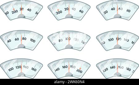 Bathroom scale meters. Scales dial, floor weight feet machine, weighting fat or pregnant body mass index overweight measurement, diet loss calories concept neat vector illustration Stock Vector