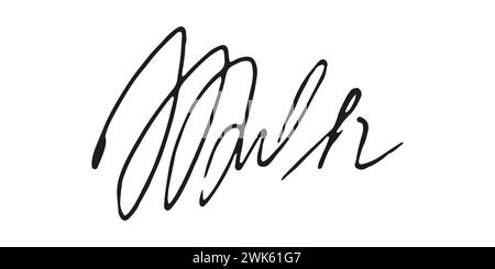 Fake signature hand drawn sample own autograph. Fictitious handwritten signature. Black ink. Scribble for sample contracts documents certificates or letters. Vector illustration. Stock Vector