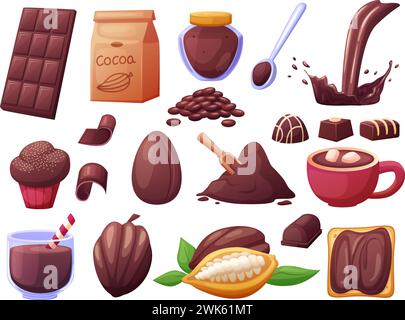 Cartoon chocolate food. Hot liquid cocoa, choco splash and beans. Natural sweets, candies and bars. Muffin and powder, nowaday vector clipart Stock Vector