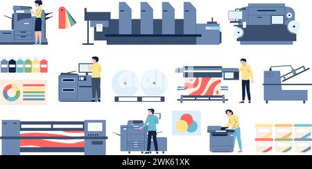 Print shop equipment. Designers and typography workers work with polygraphy tools. Paints pack, papers and print. Copy center recent vector set Stock Vector