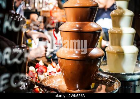 Chocolate fondue. Sweet dessert. Close up. Stock Photo