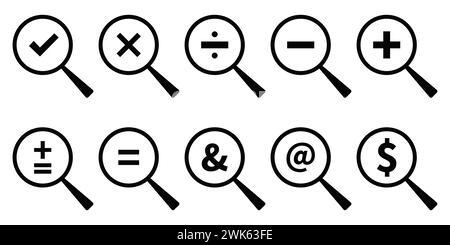 Magnifying glass icon, loupe icon, Magnifying glass symbol with minus, plus icons. Stock Vector