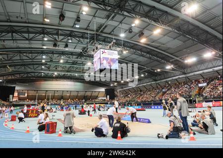 Leipzig, Germany. 18th Feb, 2024. Leipzig, Germany, February 18th 2024: View into the hall during the German Indoor Athletics Championships 2024 in the Quarterback Immobilien Arena, Leipzig (Sven Beyrich/SPP) Credit: SPP Sport Press Photo. /Alamy Live News Stock Photo