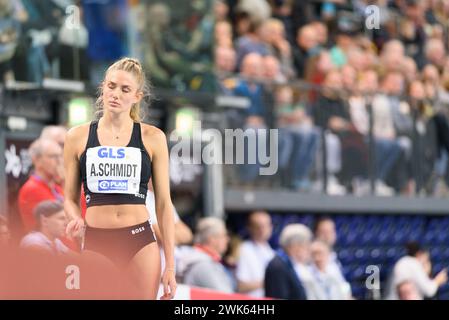 Leipzig, Germany. 18th Feb, 2024. Leipzig, Germany, February 18th 2024: Alica Schmidt (SCC Berlin) before the final over 400 meters at the German Indoor Athletics Championships 2024 in the Quarterback Immobilien Arena, Leipzig (Sven Beyrich/SPP) Credit: SPP Sport Press Photo. /Alamy Live News Stock Photo