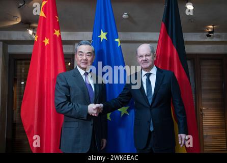 Munich, Germany. 17th Feb, 2024. German Chancellor Olaf Scholz meets with Chinese Foreign Minister Wang Yi, who is also a member of the Political Bureau of the Communist Party of China Central Committee, on the sidelines of the Munich Security Conference in Munich, Germany, Feb. 17, 2024. Credit: Zhang Fan/Xinhua/Alamy Live News Stock Photo