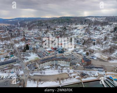 Winter afternoon aerial images of Watkins Glen, NY, south end of Seneca Lake. Stock Photo