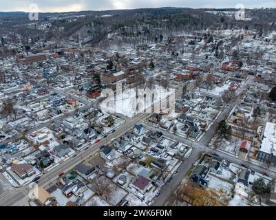 Winter afternoon aerial images of Watkins Glen, NY, south end of Seneca Lake. Stock Photo